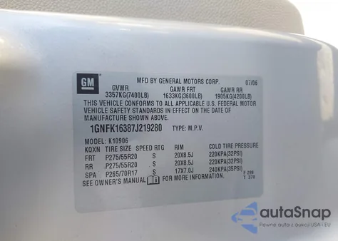 2007 Chevrolet Suburban 1500 Lt z USA, uszkodzony, nr VIN 1GNFK16387J219280